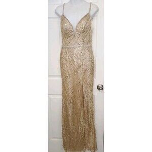 Fashion Fiesta Empire Dress Gown Gold Size XS Sequins Glitter Bejeweled Lined